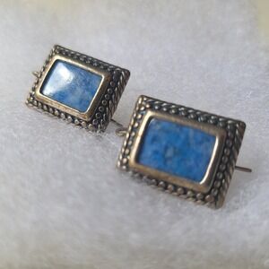 Vintage Lapis Lazuli Earrings Blue Vintage Rectangular Silver Gold Frame